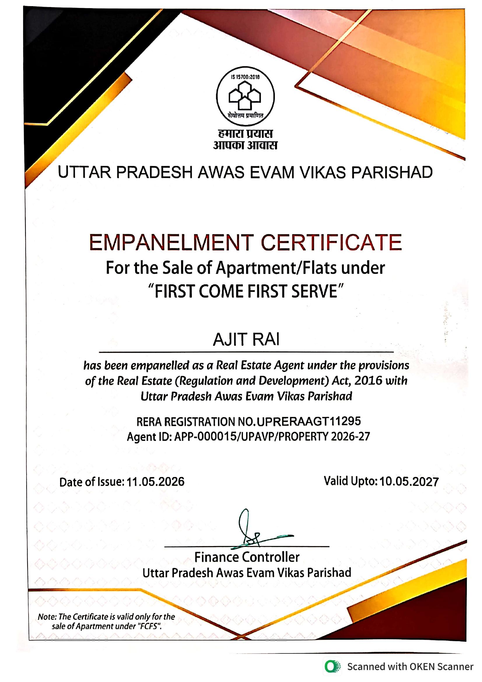 Awas Vikas Empanelment Certificate — Ajit Rai (Agent ID APP-000015/UPAVP/PROPERTY 2026-27)
